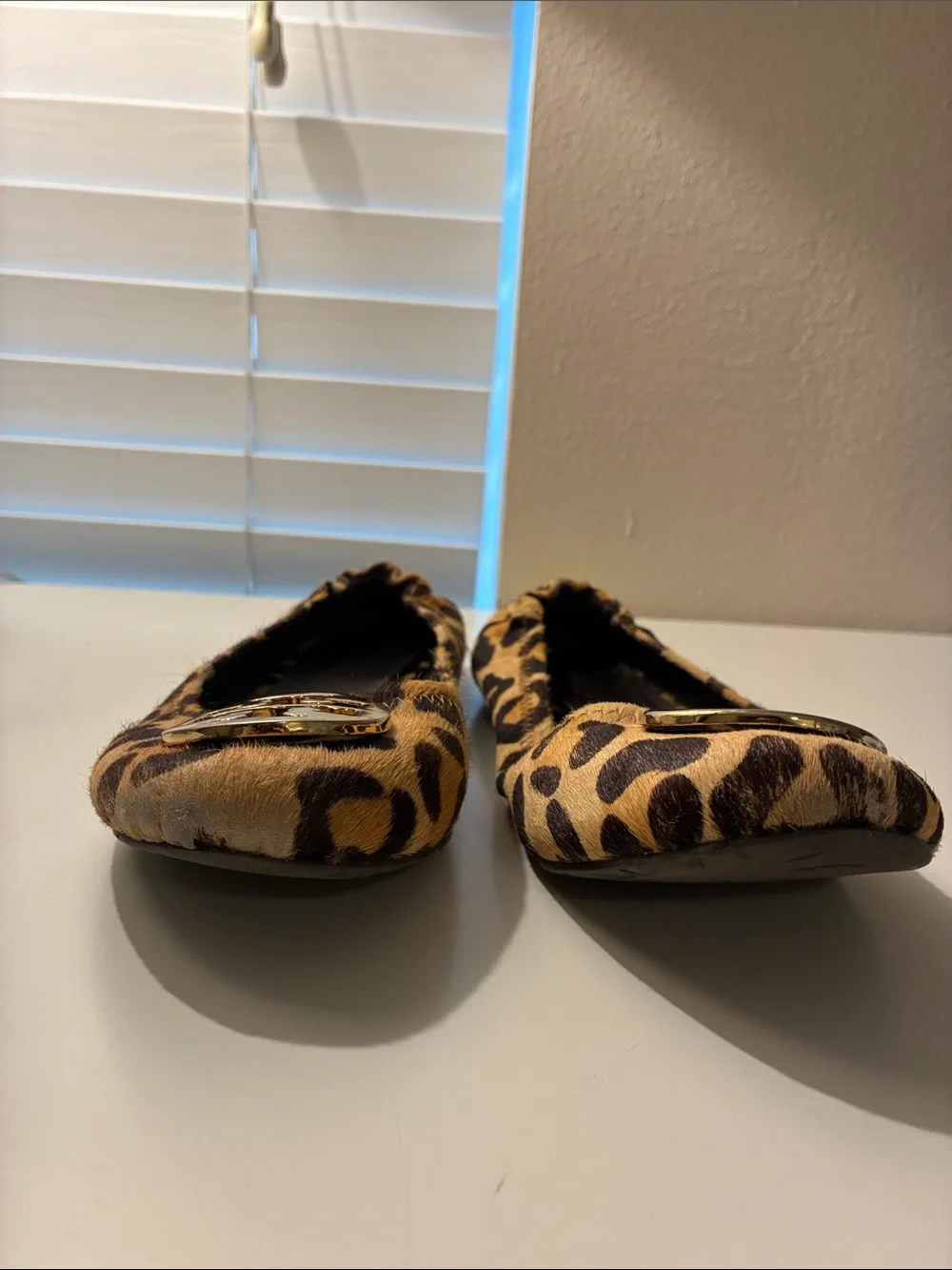 Tory Burch Leopard-Print Ballet Flats with Gold Logo, Size 7.5
